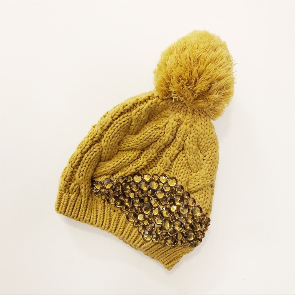 Mustard yellow pompom bejeweled hat